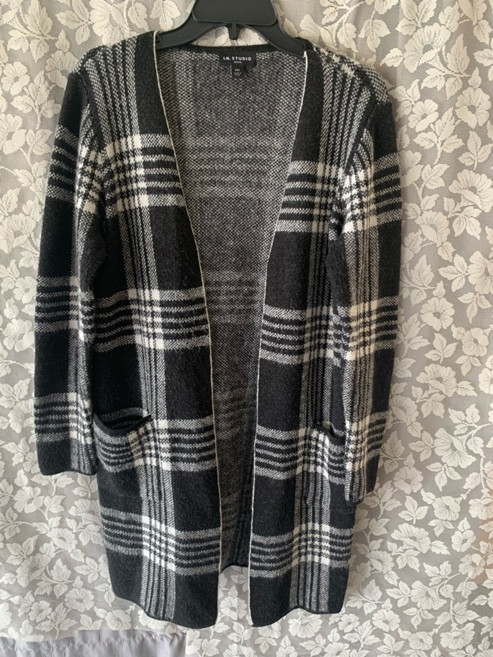 I.N. Studio Black & White Plaid Open Cardigan
